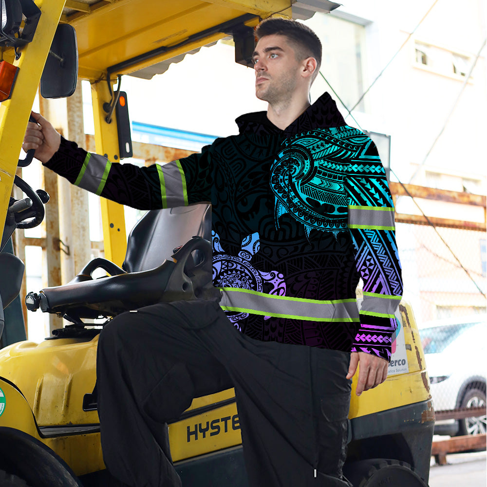 Hi Vis Hoodie Reflective Gradient Polynesian Turtle Hawaiian Custom Name Safety Workwear
