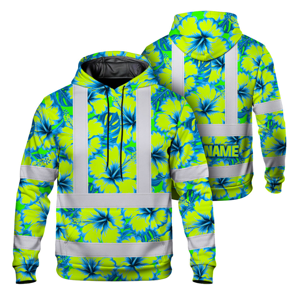 Hi Vis Hoodie Reflective Tapes Blue Neon And Green Flowers Custom Name Safety Workwear For Workers, Truckers, Operators