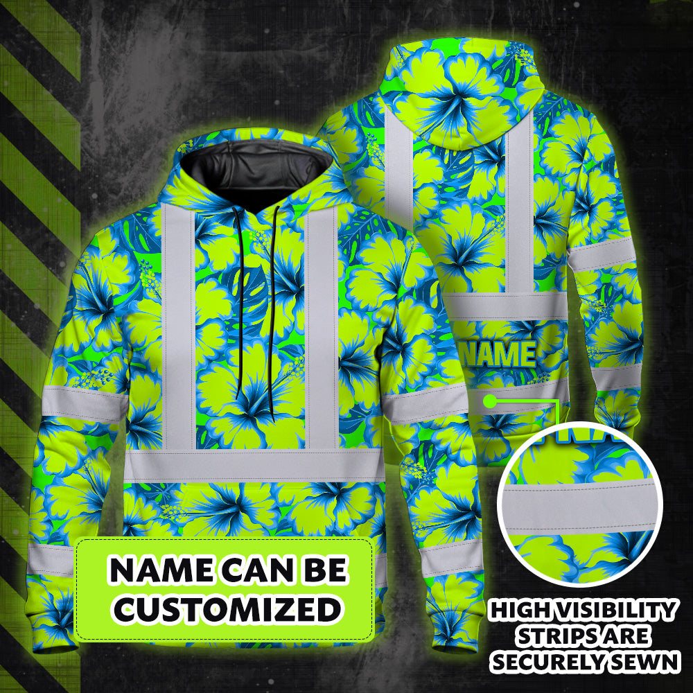 Hi Vis Hoodie Reflective Tapes Blue Neon And Green Flowers Custom Name Safety Workwear For Workers, Truckers, Operators