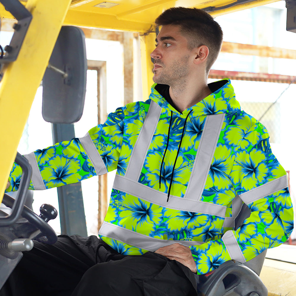 Hi Vis Hoodie Reflective Tapes Blue Neon And Green Flowers Custom Name Safety Workwear For Workers, Truckers, Operators