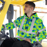 Hi Vis Hoodie Reflective Tapes Blue Neon And Green Flowers Custom Name Safety Workwear For Workers, Truckers, Operators