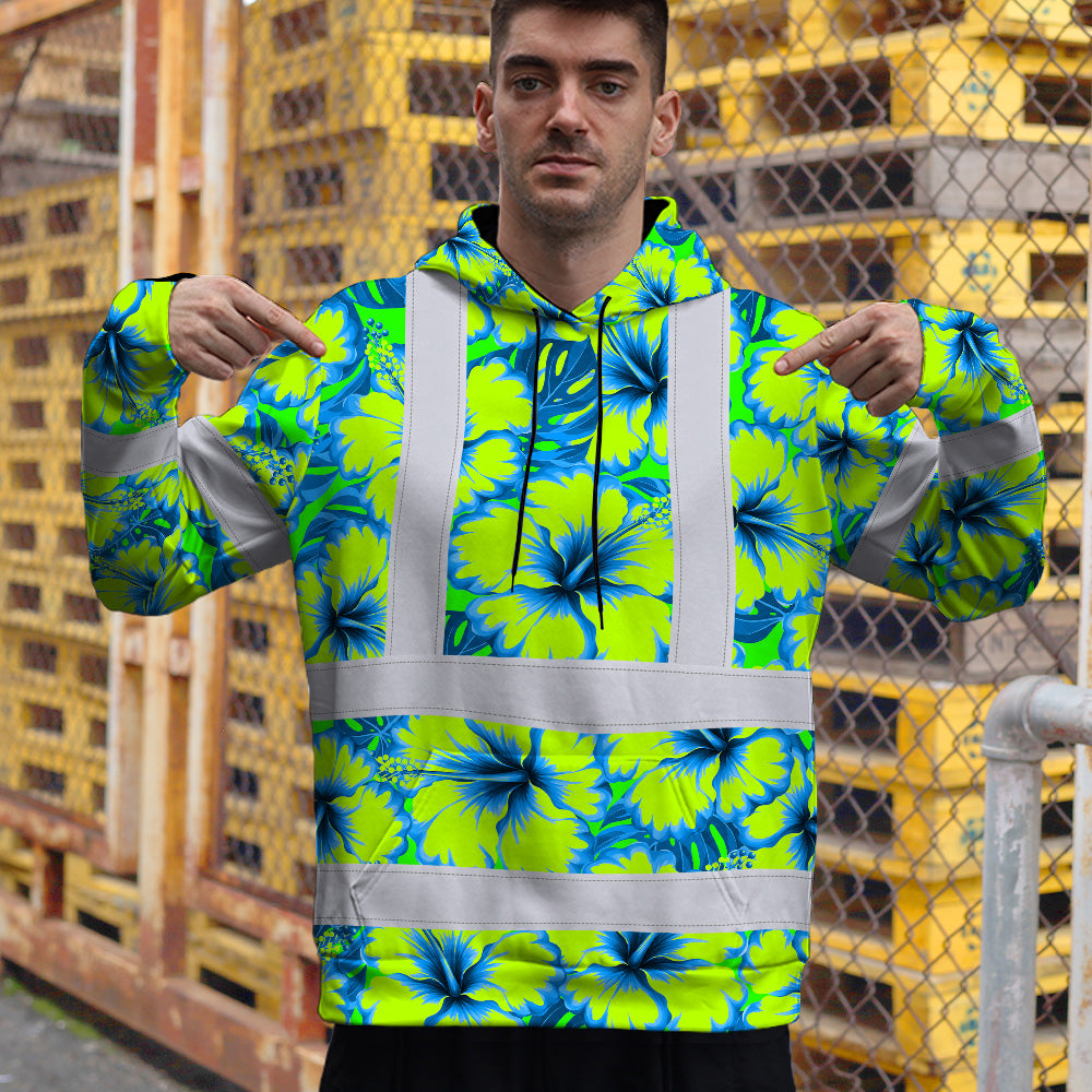 Hi Vis Hoodie Reflective Tapes Blue Neon And Green Flowers Custom Name Safety Workwear For Workers, Truckers, Operators
