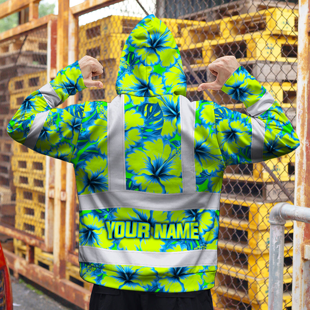 Hi Vis Hoodie Reflective Tapes Blue Neon And Green Flowers Custom Name Safety Workwear For Workers, Truckers, Operators