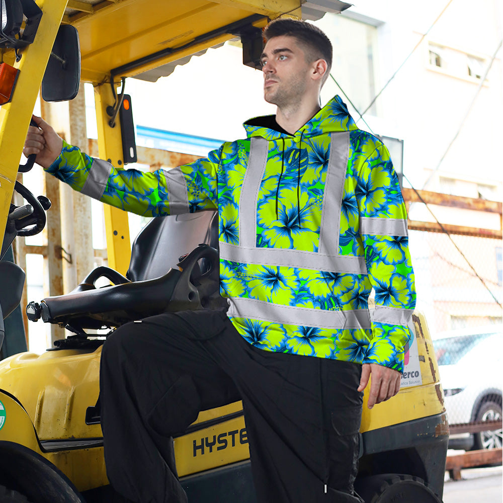 Hi Vis Hoodie Reflective Tapes Blue Neon And Green Flowers Custom Name Safety Workwear For Workers, Truckers, Operators