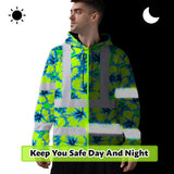 Hi Vis Hoodie Reflective Tapes Blue Neon And Green Flowers Custom Name Safety Workwear For Workers, Truckers, Operators