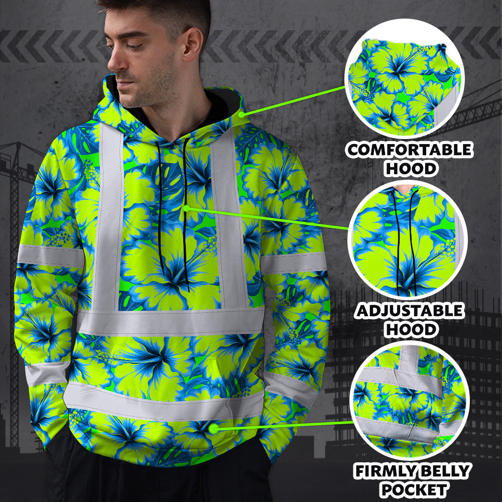 Hi Vis Hoodie Reflective Tapes Blue Neon And Green Flowers Custom Name Safety Workwear For Workers, Truckers, Operators