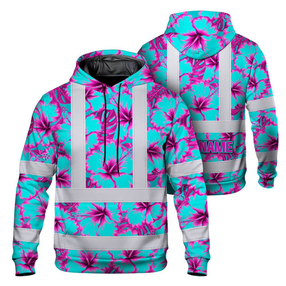 Hi Vis Hoodie Reflective Tapes Blue Neon And Pink Flowers Custom Name Safety Workwear For Workers, Truckers, Operators
