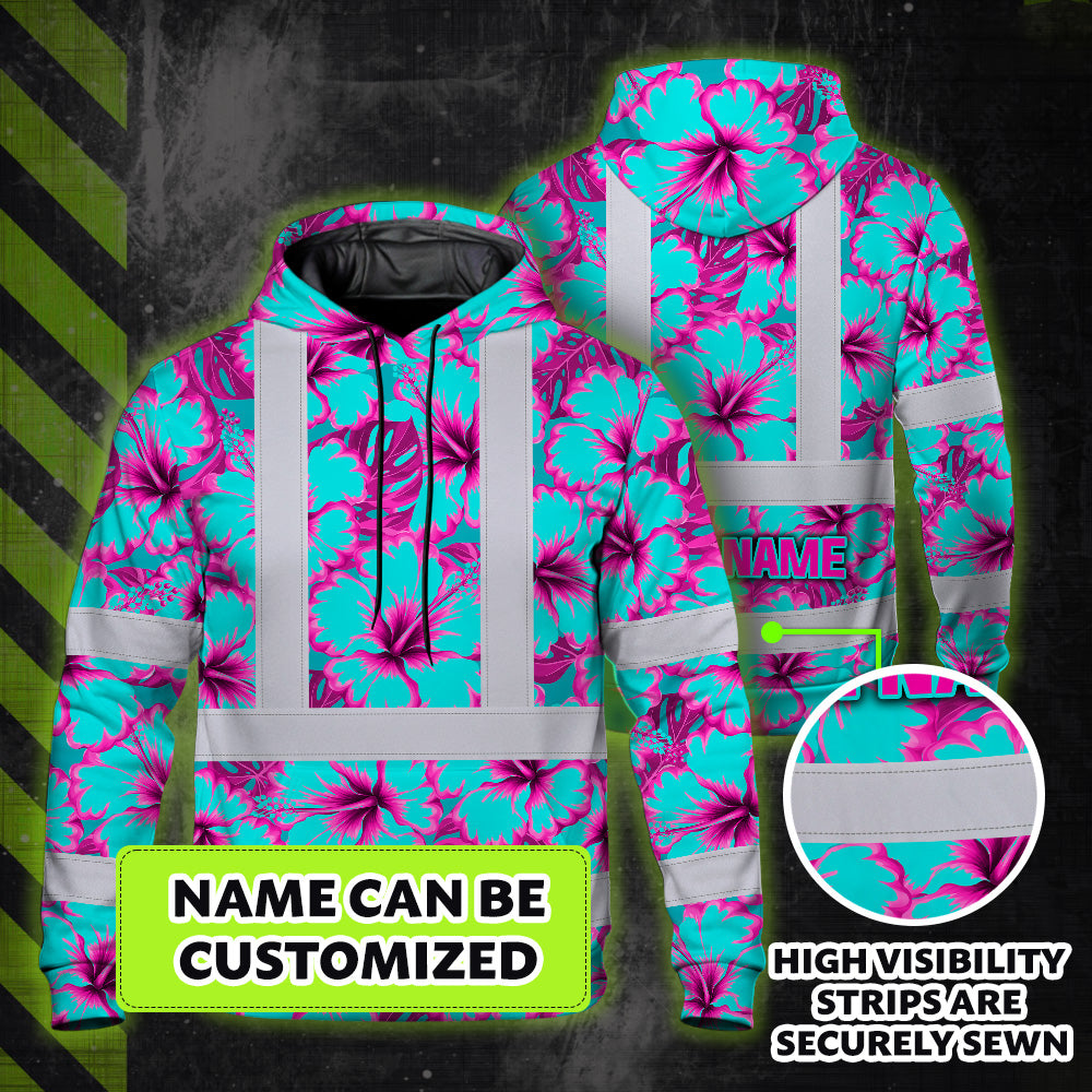 Hi Vis Hoodie Reflective Tapes Blue Neon And Pink Flowers Custom Name Safety Workwear For Workers, Truckers, Operators