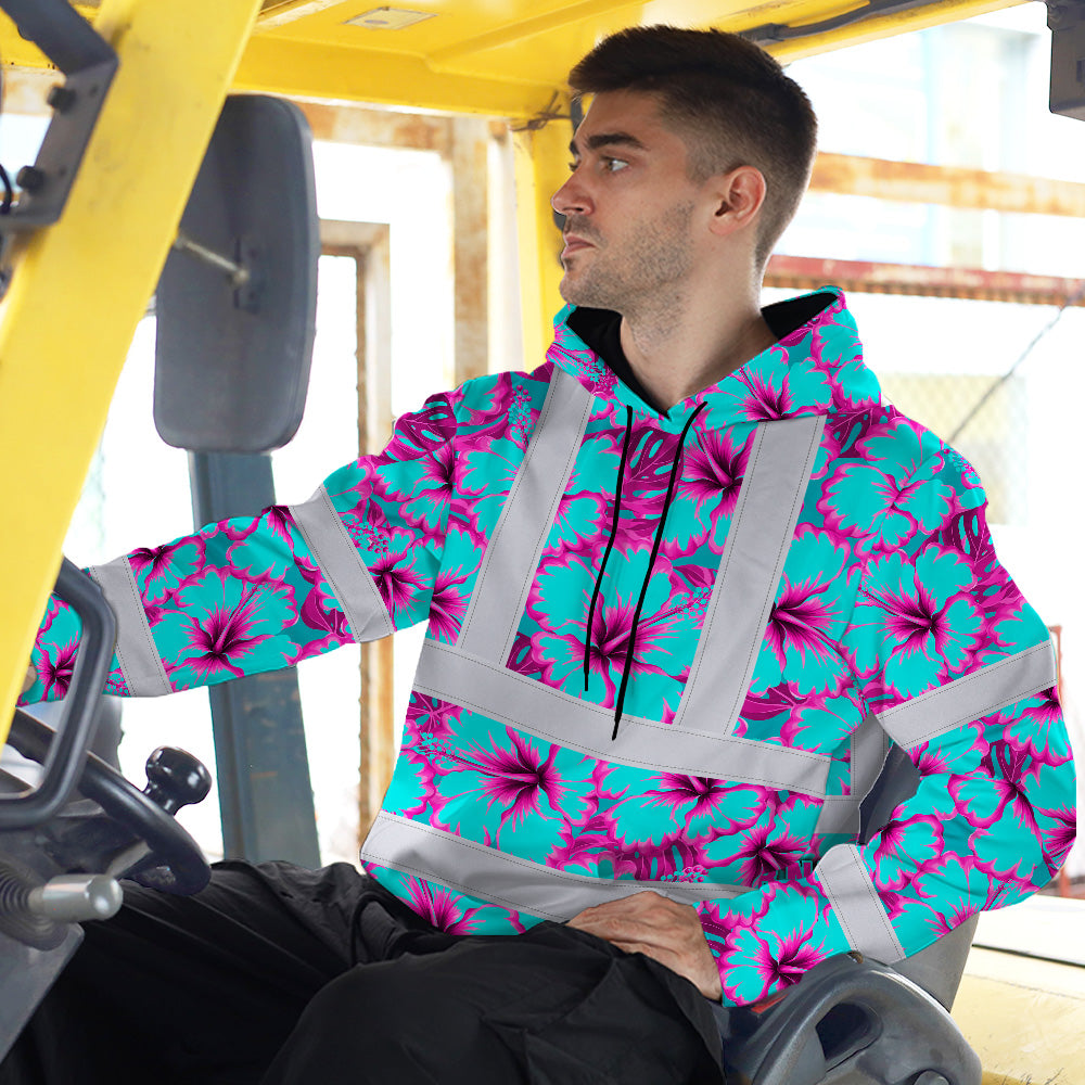 Hi Vis Hoodie Reflective Tapes Blue Neon And Pink Flowers Custom Name Safety Workwear For Workers, Truckers, Operators