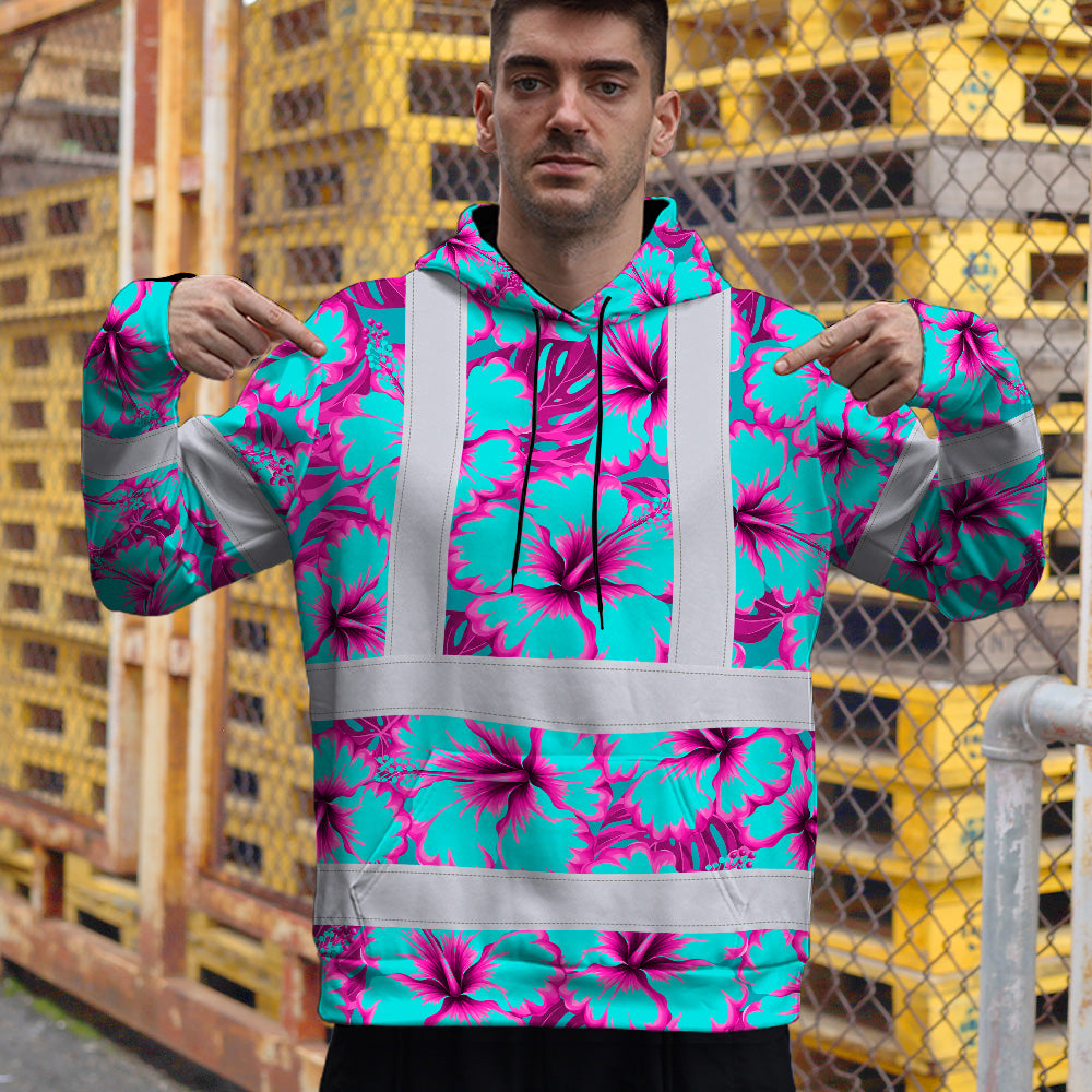 Hi Vis Hoodie Reflective Tapes Blue Neon And Pink Flowers Custom Name Safety Workwear For Workers, Truckers, Operators
