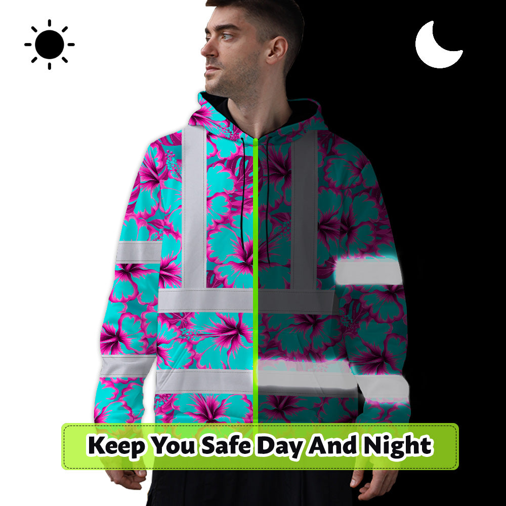 Hi Vis Hoodie Reflective Tapes Blue Neon And Pink Flowers Custom Name Safety Workwear For Workers, Truckers, Operators