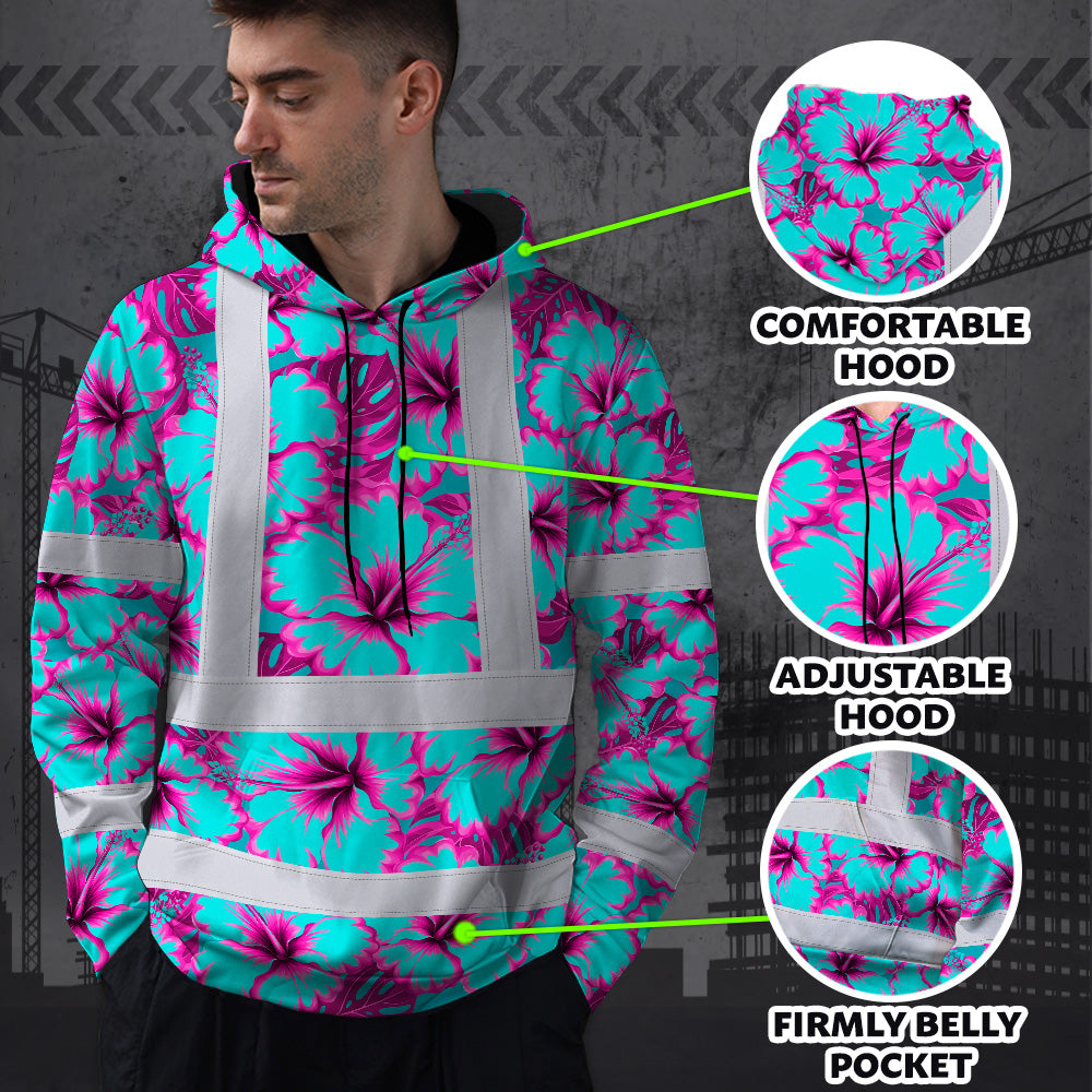Hi Vis Hoodie Reflective Tapes Blue Neon And Pink Flowers Custom Name Safety Workwear For Workers, Truckers, Operators