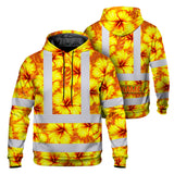 Hi Vis Hoodie Reflective Tapes Orange Neon And Yellow Flowers Custom Name Safety Workwear For Workers, Truckers, Operators