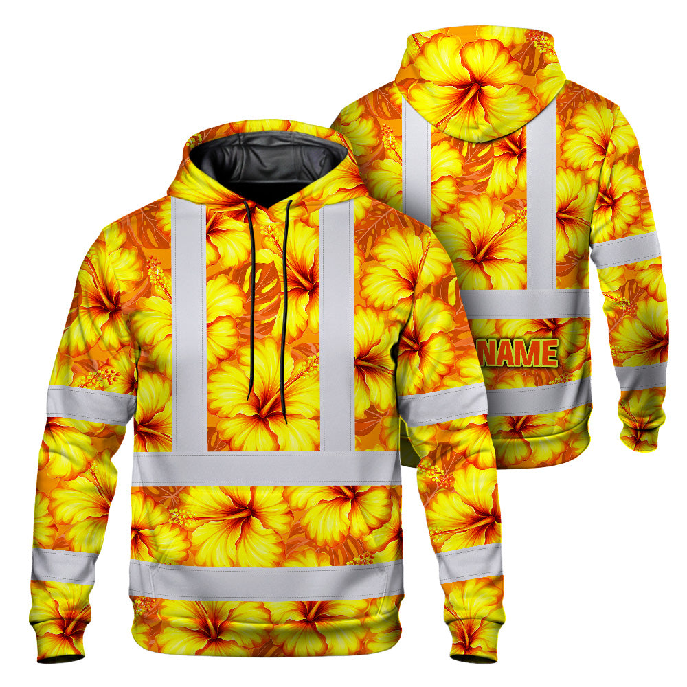 Hi Vis Hoodie Reflective Tapes Orange Neon And Yellow Flowers Custom Name Safety Workwear For Workers, Truckers, Operators