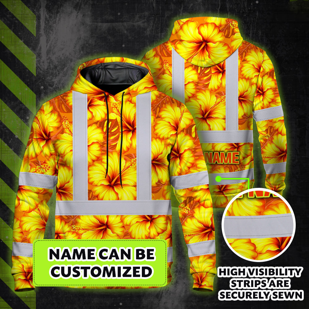 Hi Vis Hoodie Reflective Tapes Orange Neon And Yellow Flowers Custom Name Safety Workwear For Workers, Truckers, Operators