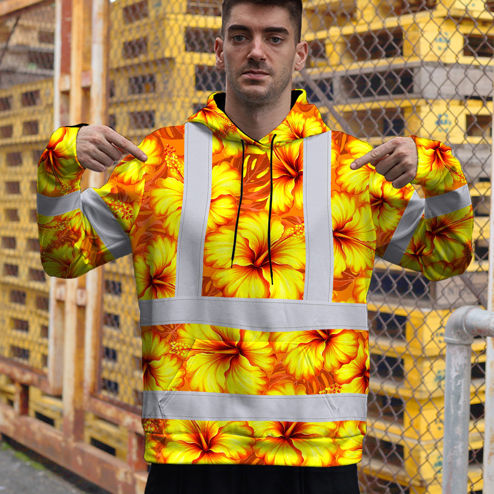 Hi Vis Hoodie Reflective Tapes Orange Neon And Yellow Flowers Custom Name Safety Workwear For Workers, Truckers, Operators