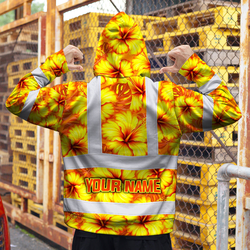 Hi Vis Hoodie Reflective Tapes Orange Neon And Yellow Flowers Custom Name Safety Workwear For Workers, Truckers, Operators