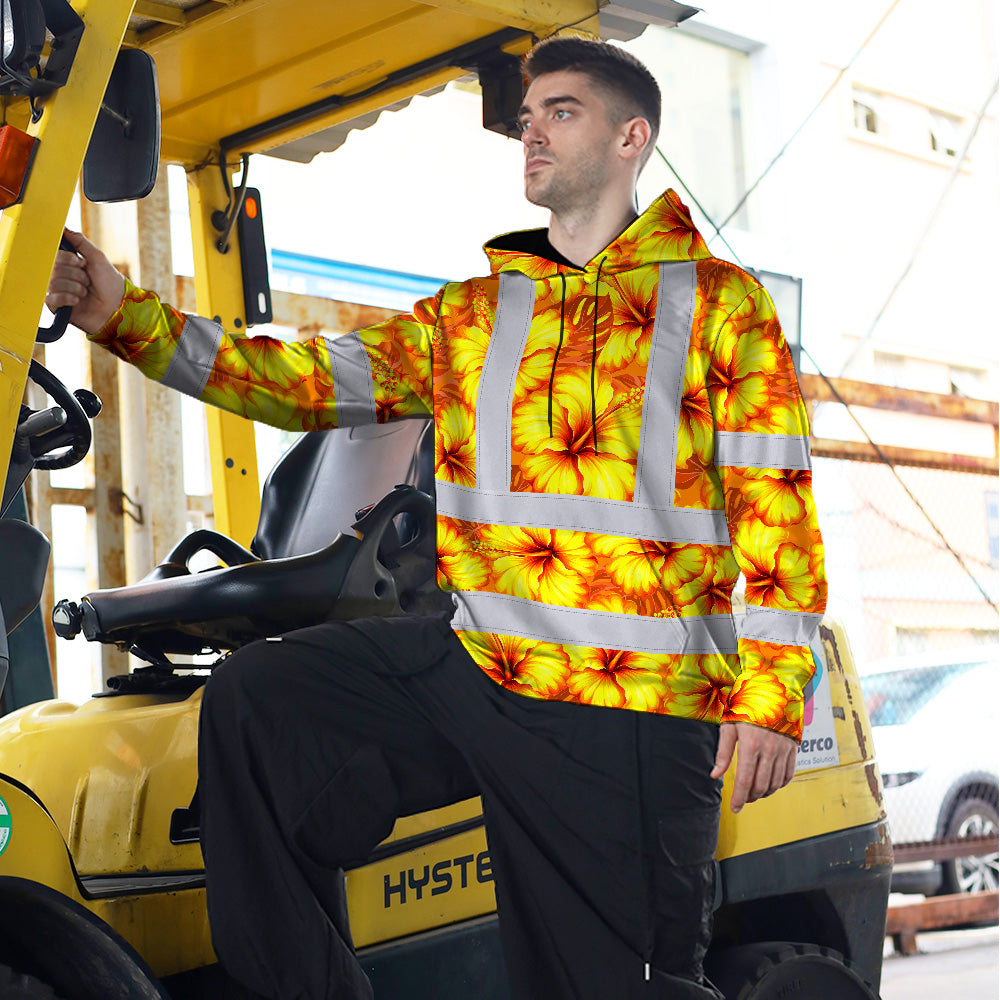 Hi Vis Hoodie Reflective Tapes Orange Neon And Yellow Flowers Custom Name Safety Workwear For Workers, Truckers, Operators