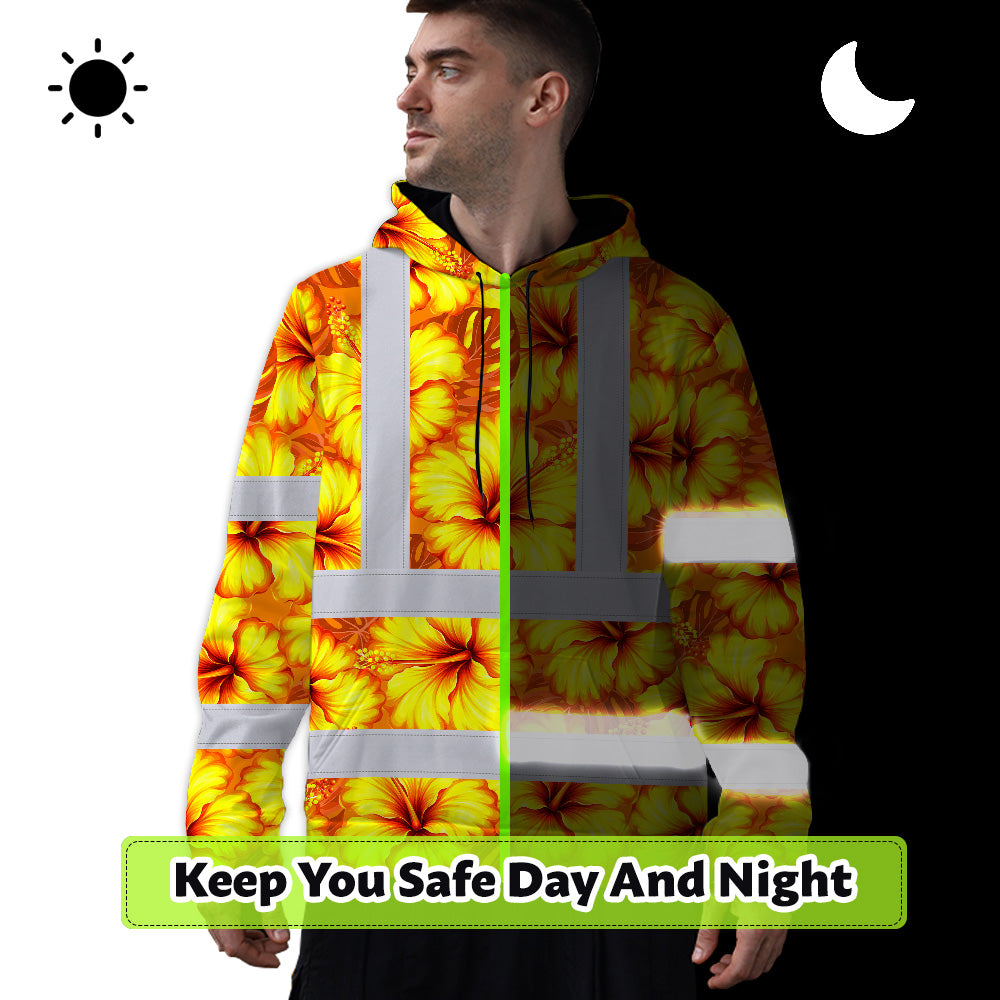 Hi Vis Hoodie Reflective Tapes Orange Neon And Yellow Flowers Custom Name Safety Workwear For Workers, Truckers, Operators