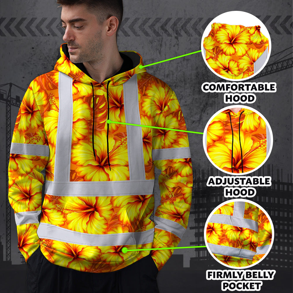 Hi Vis Hoodie Reflective Tapes Orange Neon And Yellow Flowers Custom Name Safety Workwear For Workers, Truckers, Operators