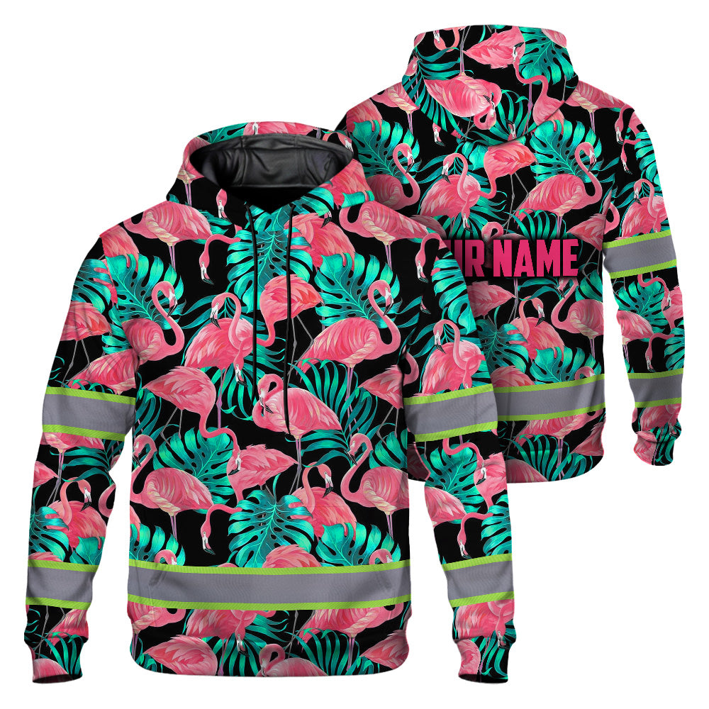 Hi Vis Hoodie Reflective Tapes Pink Flamingo Flower Hawaiian Custom Name Safety Workwear