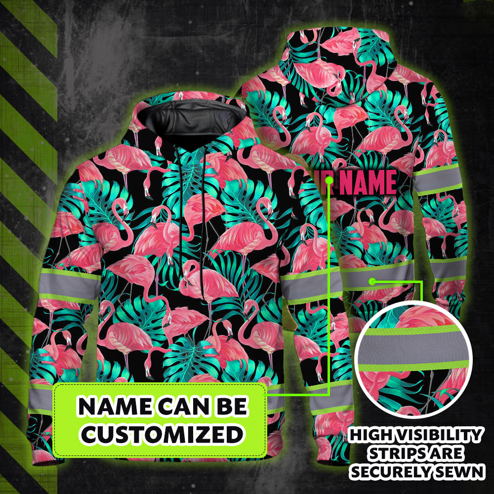 Hi Vis Hoodie Reflective Tapes Pink Flamingo Flower Hawaiian Custom Name Safety Workwear