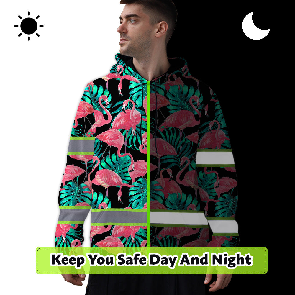 Hi Vis Hoodie Reflective Tapes Pink Flamingo Flower Hawaiian Custom Name Safety Workwear