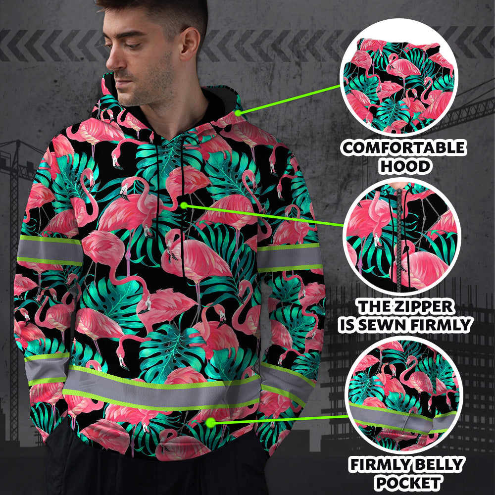Hi Vis Hoodie Reflective Tapes Pink Flamingo Flower Hawaiian Custom Name Safety Workwear