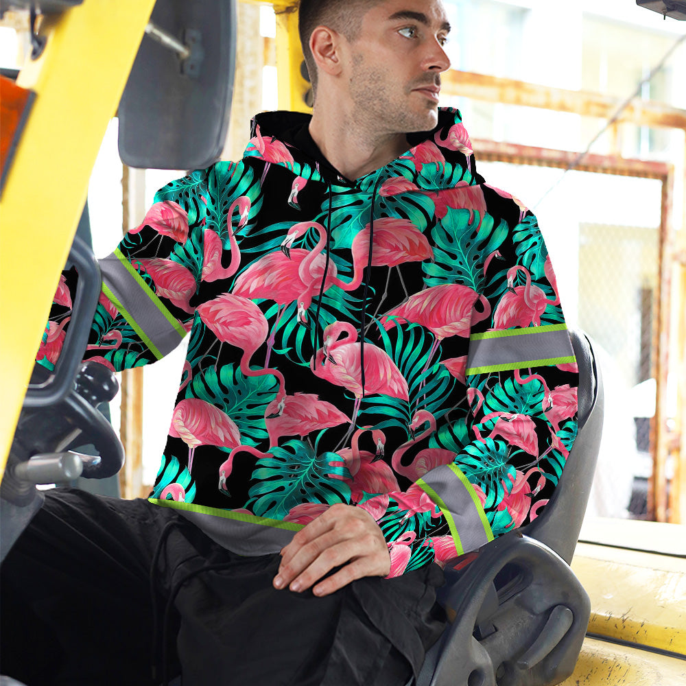 Hi Vis Hoodie Reflective Tapes Pink Flamingo Flower Hawaiian Custom Name Safety Workwear
