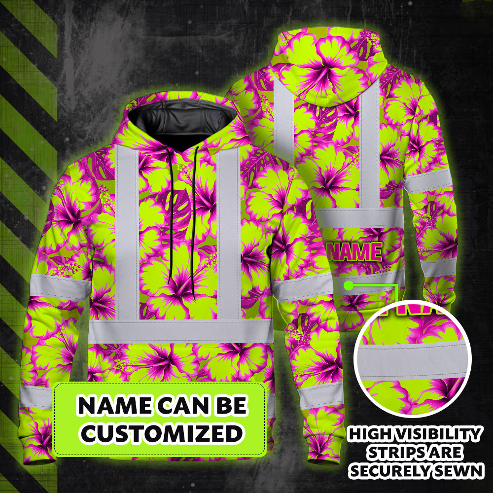 Hi Vis Hoodie Reflective Tapes Pink Neon And Lime Flowers Custom Name Safety Workwear For Workers, Truckers, Operators