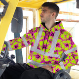 Hi Vis Hoodie Reflective Tapes Pink Neon And Lime Flowers Custom Name Safety Workwear For Workers, Truckers, Operators