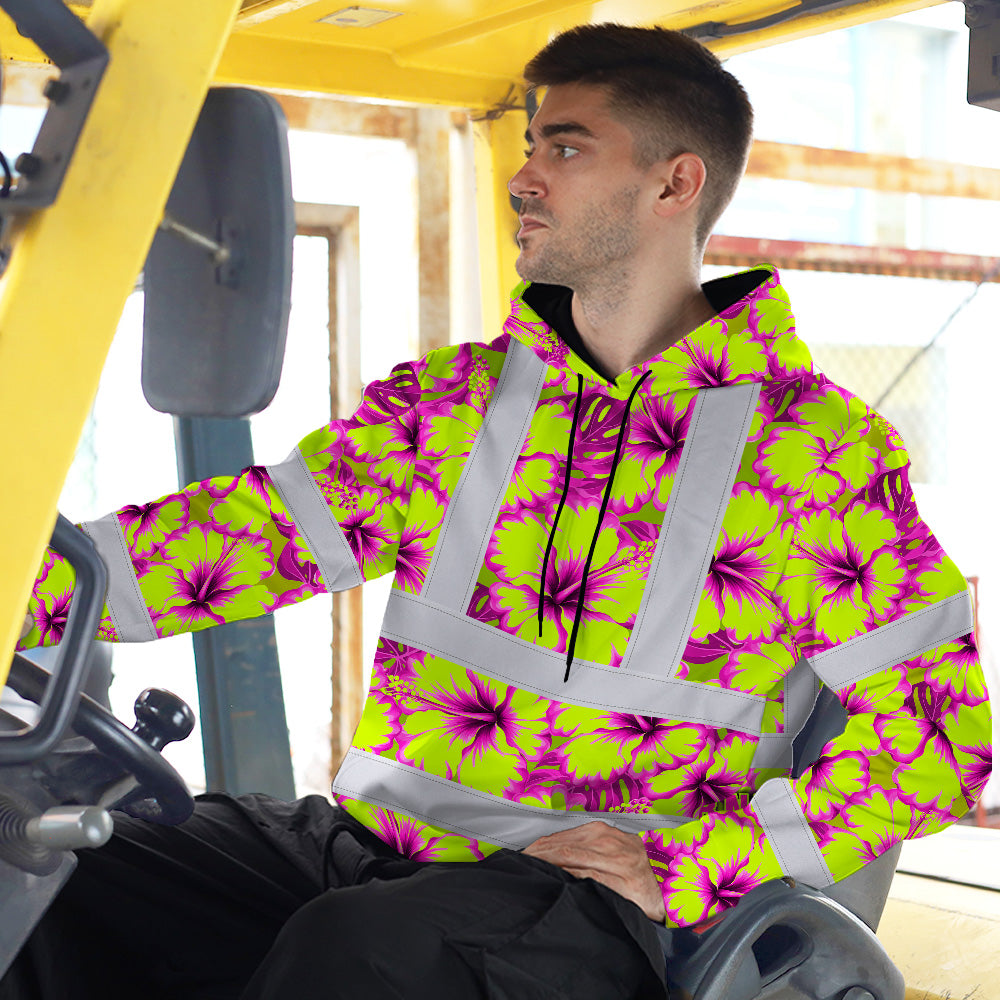 Hi Vis Hoodie Reflective Tapes Pink Neon And Lime Flowers Custom Name Safety Workwear For Workers, Truckers, Operators