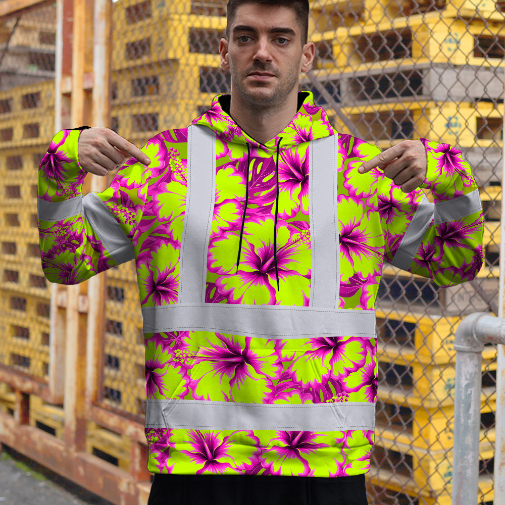 Hi Vis Hoodie Reflective Tapes Pink Neon And Lime Flowers Custom Name Safety Workwear For Workers, Truckers, Operators