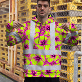 Hi Vis Hoodie Reflective Tapes Pink Neon And Lime Flowers Custom Name Safety Workwear For Workers, Truckers, Operators