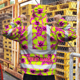 Hi Vis Hoodie Reflective Tapes Pink Neon And Lime Flowers Custom Name Safety Workwear For Workers, Truckers, Operators