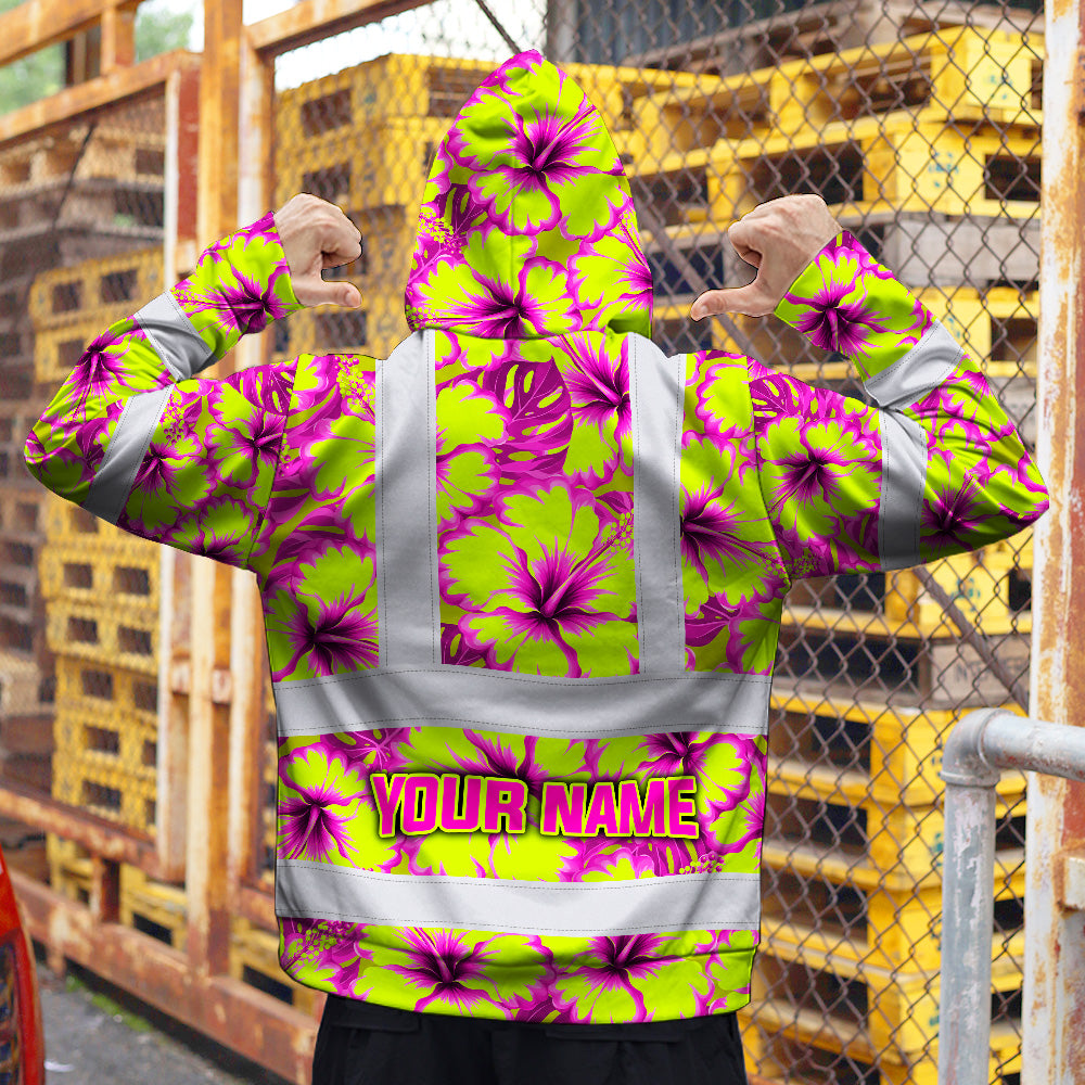Hi Vis Hoodie Reflective Tapes Pink Neon And Lime Flowers Custom Name Safety Workwear For Workers, Truckers, Operators