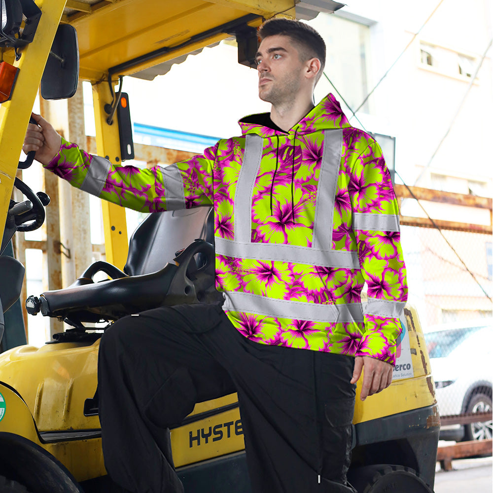 Hi Vis Hoodie Reflective Tapes Pink Neon And Lime Flowers Custom Name Safety Workwear For Workers, Truckers, Operators