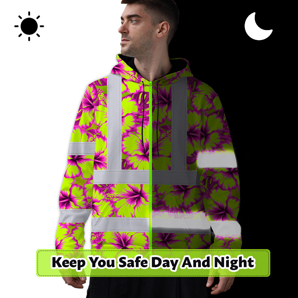 Hi Vis Hoodie Reflective Tapes Pink Neon And Lime Flowers Custom Name Safety Workwear For Workers, Truckers, Operators