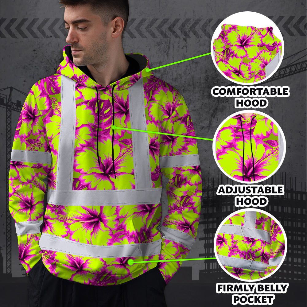 Hi Vis Hoodie Reflective Tapes Pink Neon And Lime Flowers Custom Name Safety Workwear For Workers, Truckers, Operators