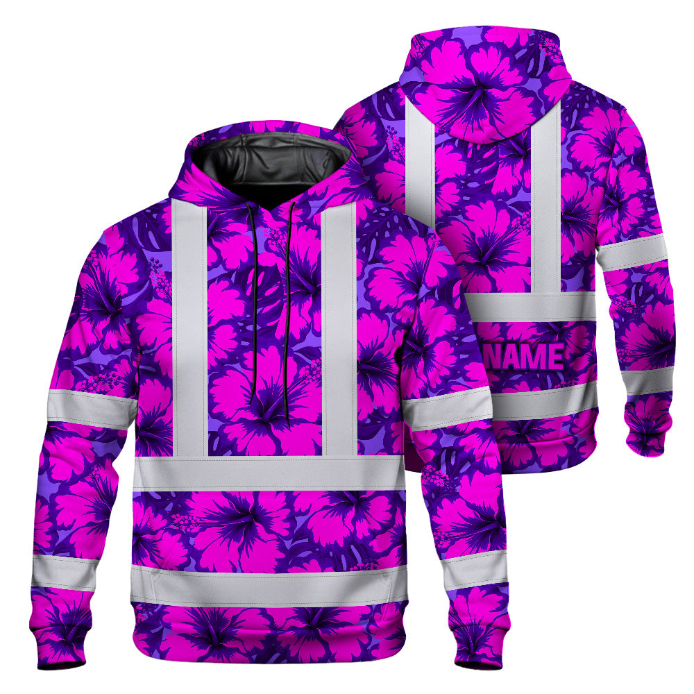 Hi Vis Hoodie Reflective Tapes Violet Neon And Pink Flowers Custom Name Safety Workwear For Workers, Truckers, Operators