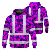 Hi Vis Hoodie Reflective Tapes Violet Neon And Pink Flowers Custom Name Safety Workwear For Workers, Truckers, Operators