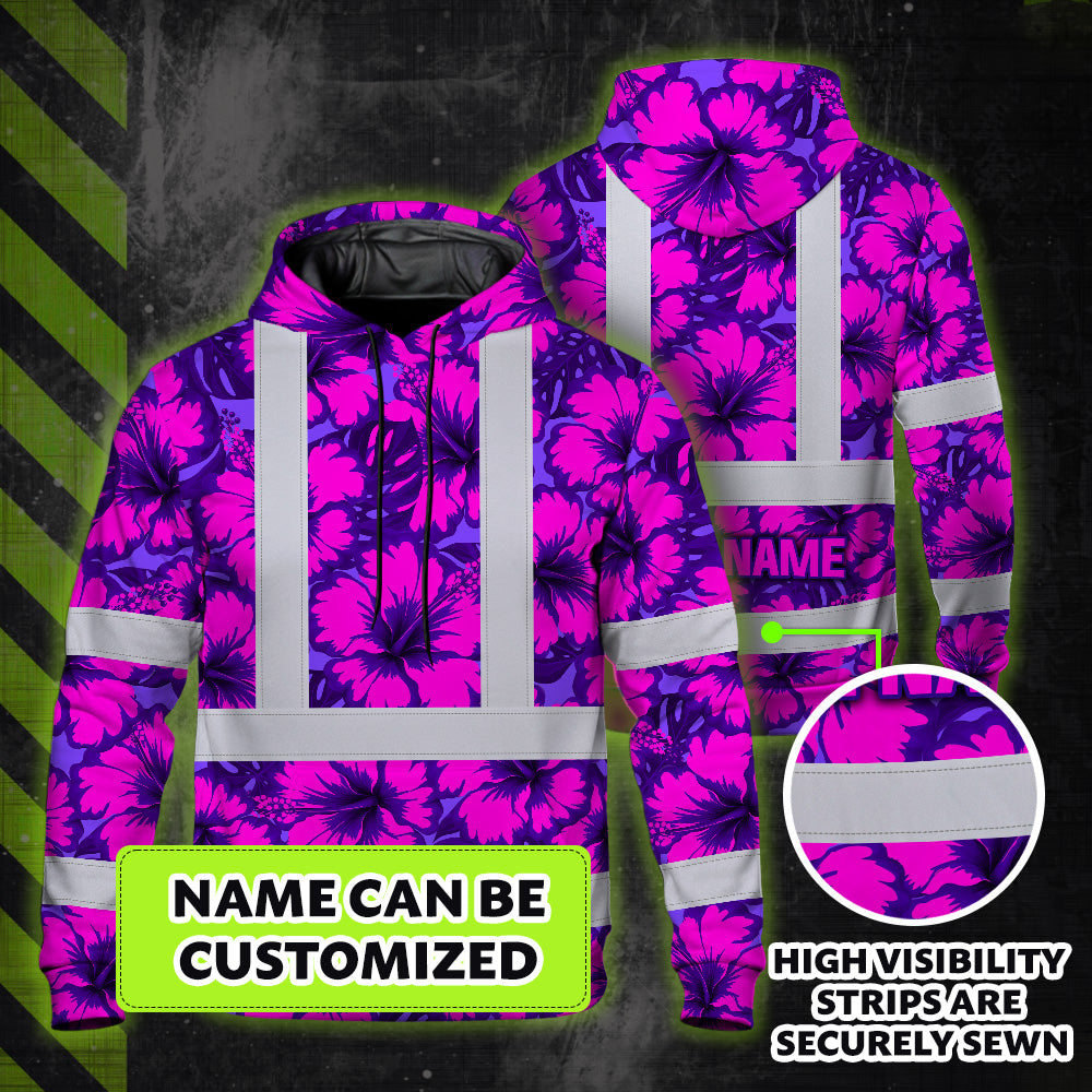 Hi Vis Hoodie Reflective Tapes Violet Neon And Pink Flowers Custom Name Safety Workwear For Workers, Truckers, Operators