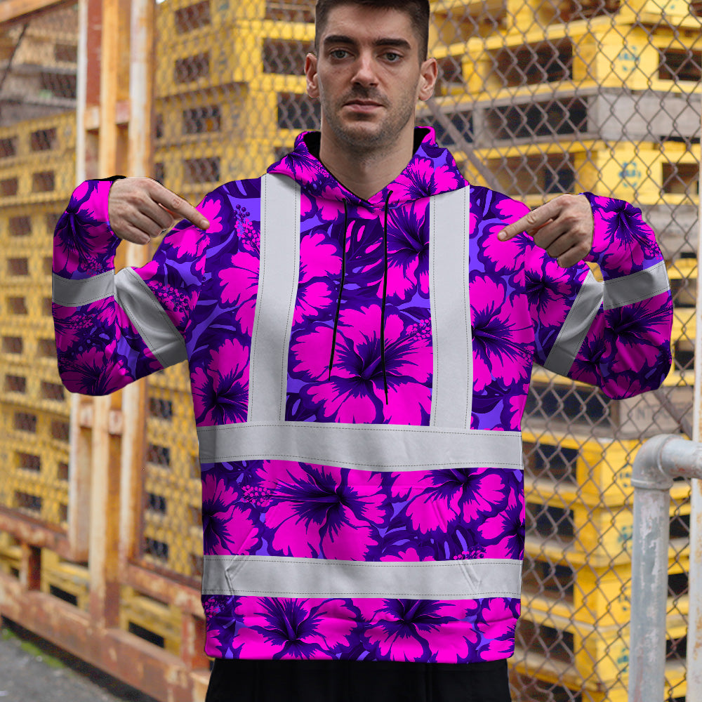 Hi Vis Hoodie Reflective Tapes Violet Neon And Pink Flowers Custom Name Safety Workwear For Workers, Truckers, Operators