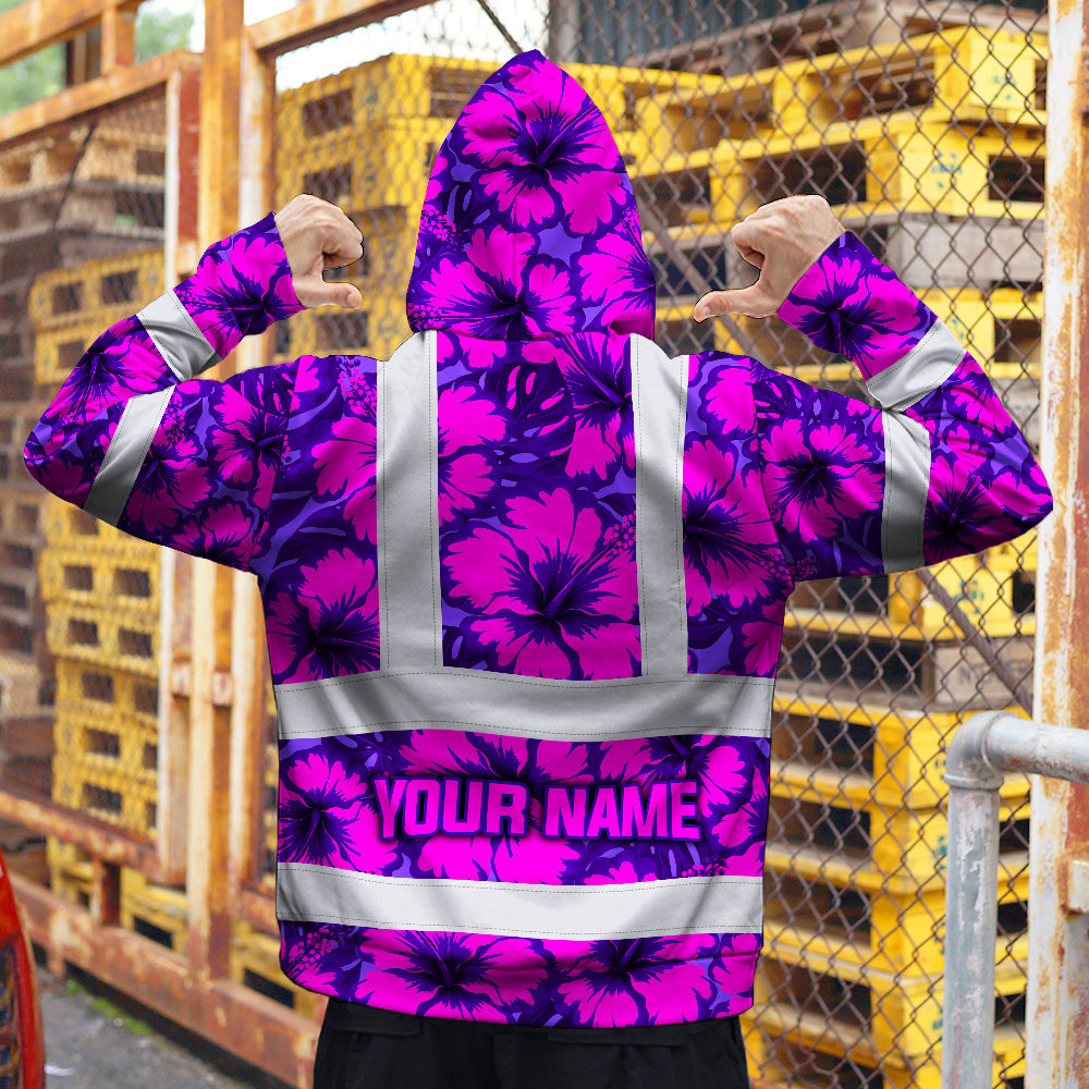 Hi Vis Hoodie Reflective Tapes Violet Neon And Pink Flowers Custom Name Safety Workwear For Workers, Truckers, Operators