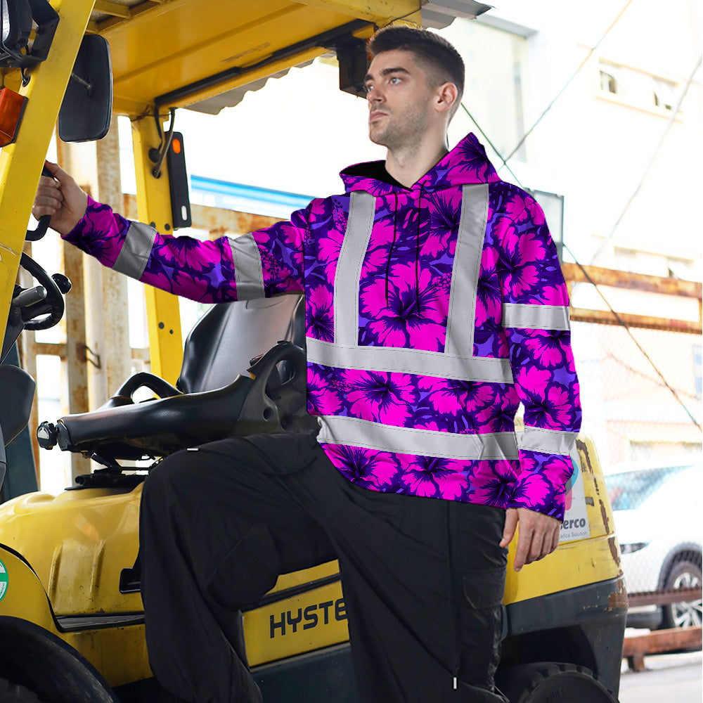 Hi Vis Hoodie Reflective Tapes Violet Neon And Pink Flowers Custom Name Safety Workwear For Workers, Truckers, Operators