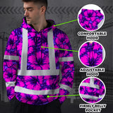 Hi Vis Hoodie Reflective Tapes Violet Neon And Pink Flowers Custom Name Safety Workwear For Workers, Truckers, Operators