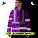Hi Vis Hoodie Reflective Tapes Violet Neon And Pink Flowers Custom Name Safety Workwear For Workers, Truckers, Operators
