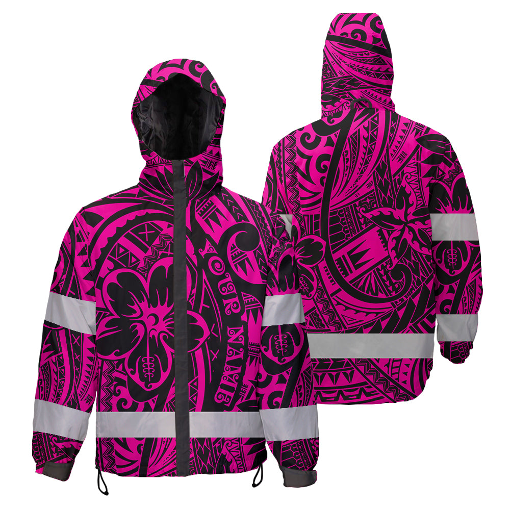 Hi Vis Jacket Waterproof And Windproof Reflective Tapes Pink Flower Hawaiian Polynesian Tribal Custom