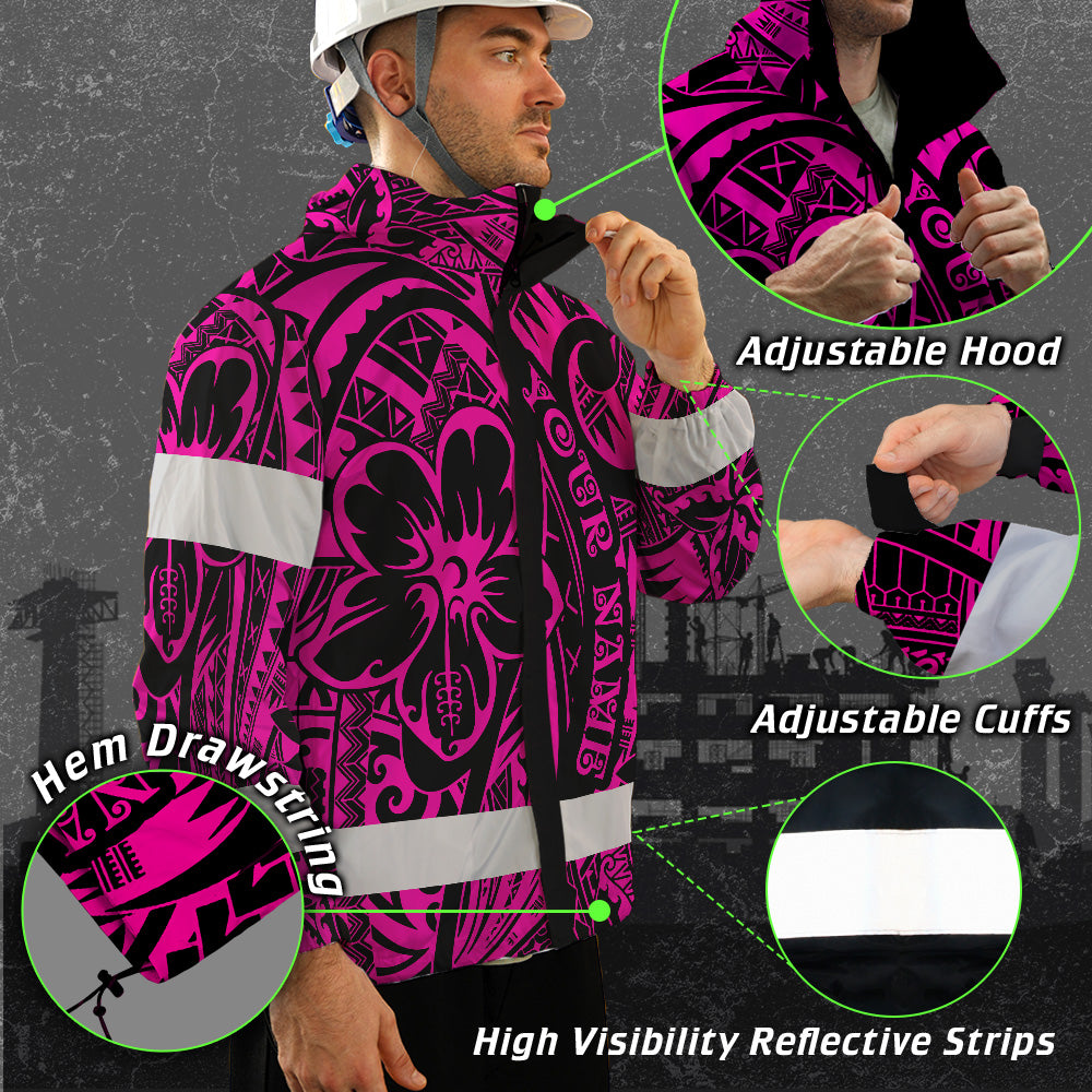 Hi Vis Jacket Waterproof And Windproof Reflective Tapes Pink Flower Hawaiian Polynesian Tribal Custom