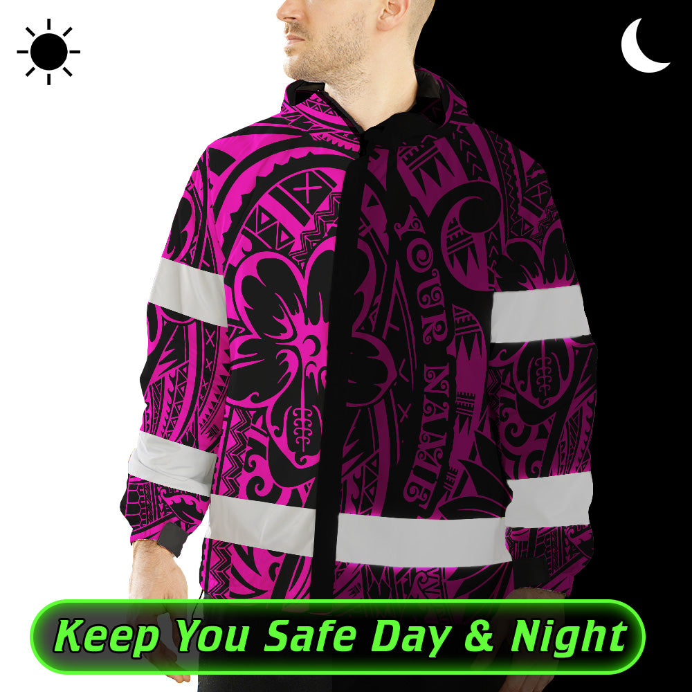Hi Vis Jacket Waterproof And Windproof Reflective Tapes Pink Flower Hawaiian Polynesian Tribal Custom